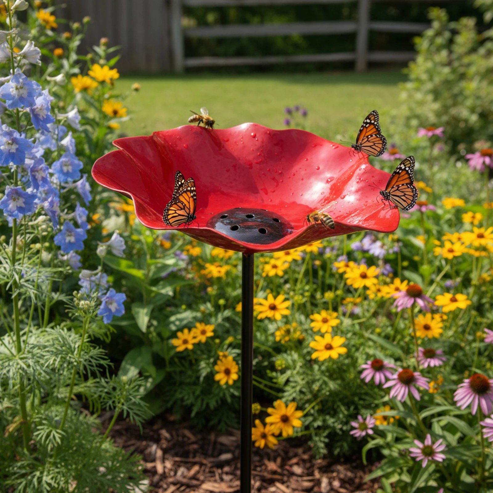 Bee Watering Station Metal Flower Garden Stake Weather Proof Bird Drinking Fountain for Outdoor Lawn Landscape Decoration