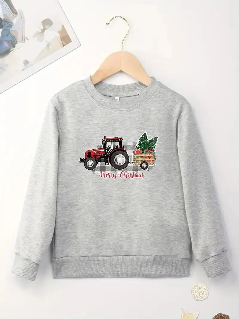 Merry Christmas Tractor And Trees Print Sweatshirt