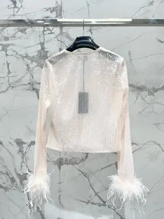 2024 Women's Clothing High quality transparent sequined feather patchwork top Spring Summer New No.28