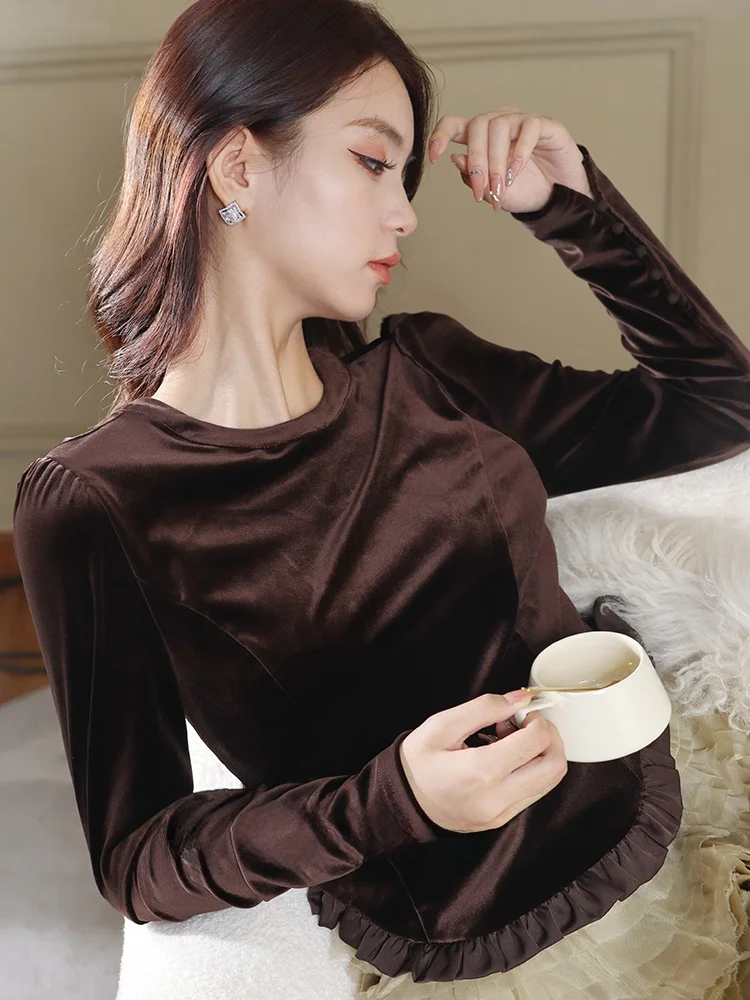 

Женский модный топ из вельвета с деревянной отделкой, уникальный дизайн, новинка осень-зима