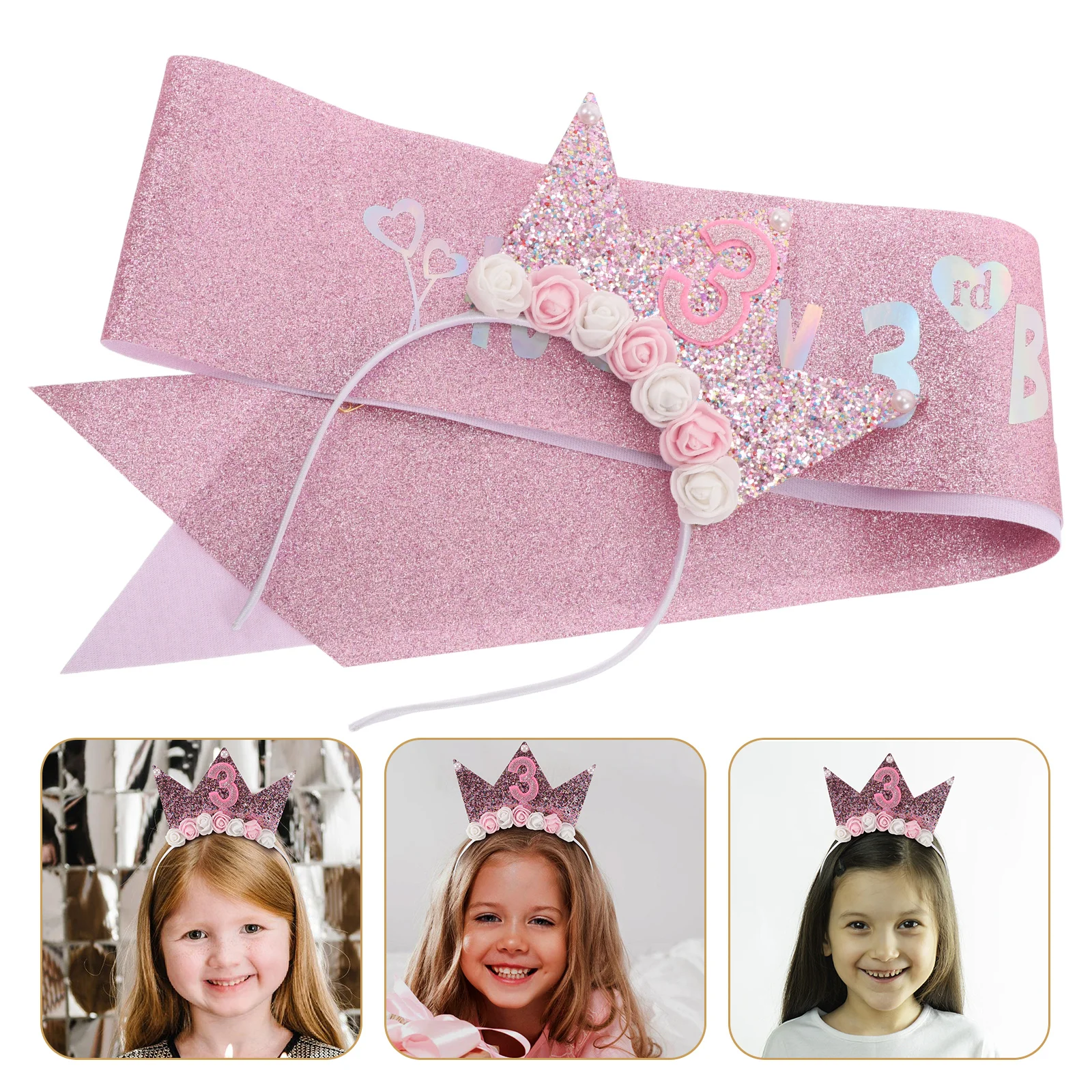 

1 set Girls Birthday Headband Set 3Rd Party Supplies Baby Crowns Hair Accessories Sash Crown Tiara Birthday Decoration Kit For