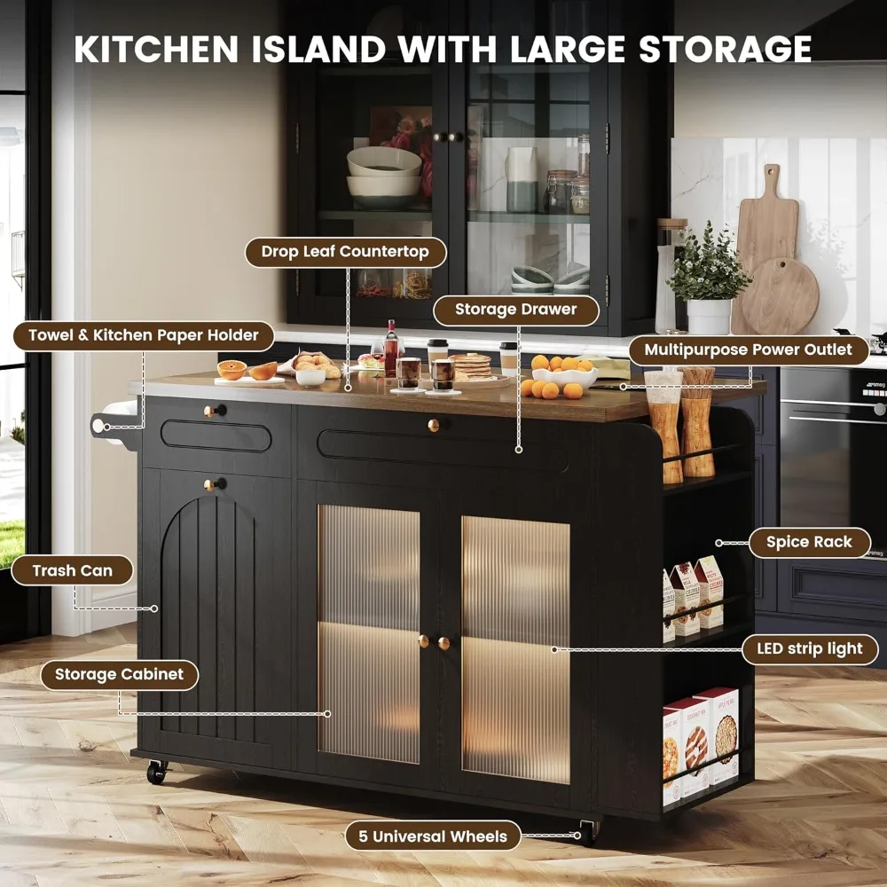 58" Rolling Kitchen Island with Power Outlet, LED Light, Drop Leaf & Storage, Mobile Kitchen Cart with Trash, Customized