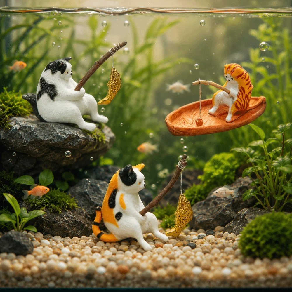 

2PCS Cute Fish Tank Ornaments Floating Look Creative Aquarium Ornament Resin Realistic Floating Cat Fishing Home