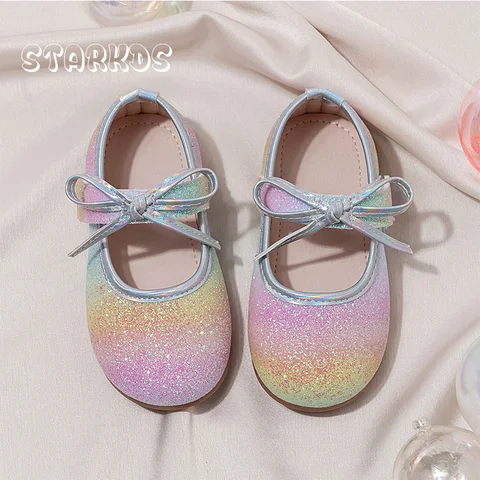 Bling Радужные блестящие балетки Детские балетки с круглым носком и галстуком-бабочкой на липучке Балетки на плоской подошве для девочек вечерние платья для сцены Лоферы