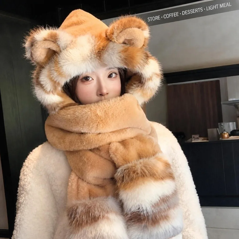 3-in-1 Design Hat Scarf Gloves Set Thick Faux Fur Hooded Scarf Gloves Combo Fluffy Soft Windproof Warm Lining