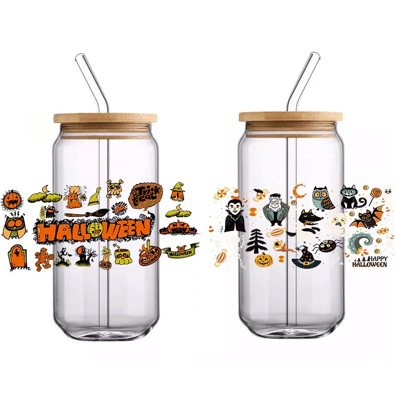 DIY Cartoon  16OZ UV DTF Cup Wraps Transfer Sticker For Glass Libbey Can Bottle Selfadhesive Washable