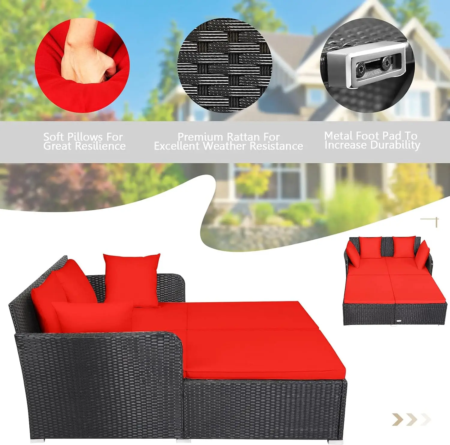 Conjunto de sofá loveseat de vime para exterior com almofadas, móveis de vime para pátio para jardim, varanda, piscina
