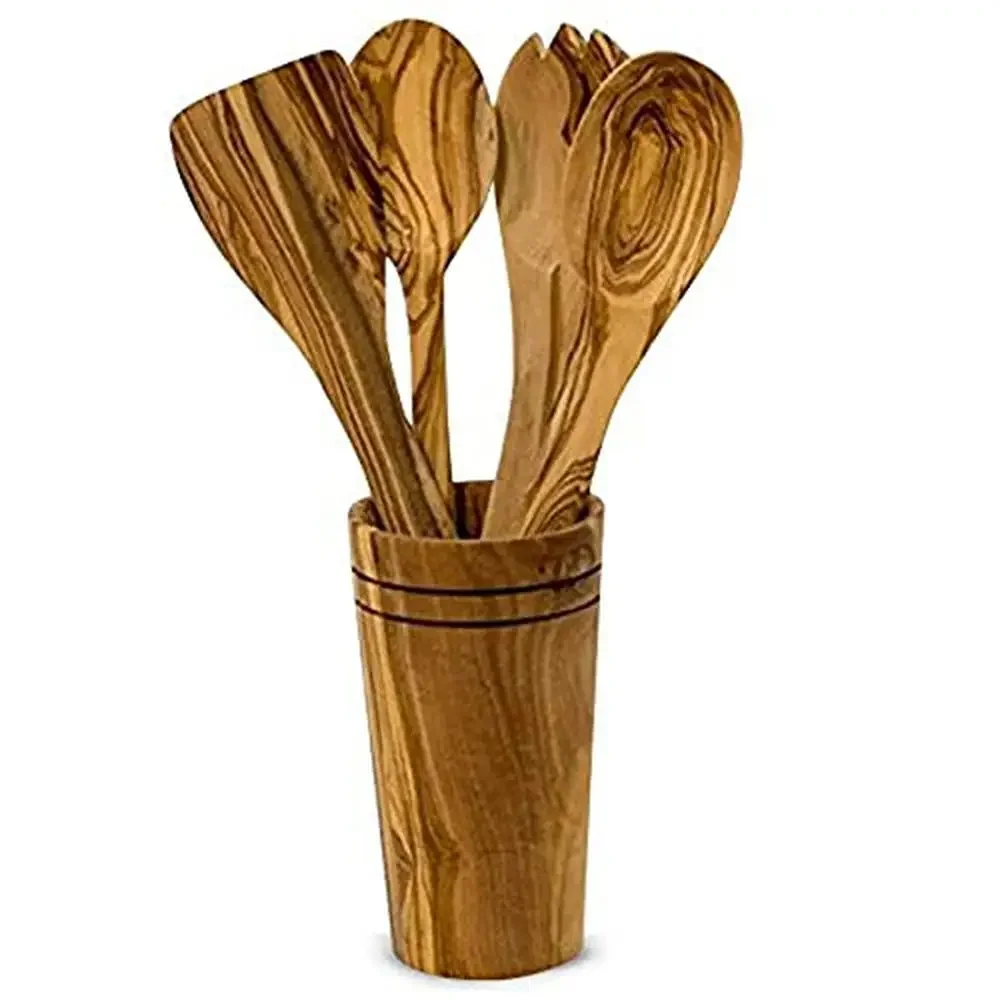 

Wooden Cooking Utensil Set Holder Spatula Mixing Spoon Salad Fork Handcrafted Hard Non-Toxic 12" Perfect Gift Box Display Unique