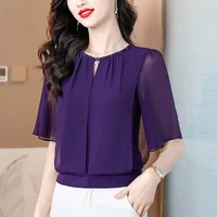 Summer Clothing Half Sleeve Chiffon Blouse 2025 New Fashion Loose Women Tops Solid Color Casual Pullovers Shirt - Image 2