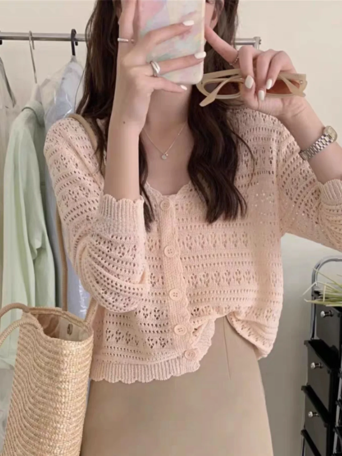 

Slimming ort Long Sve Knitted Open Cardigan Women's Spring Autumn Thin Hollow out Design Loose Fit Ice Silk Simulation Top