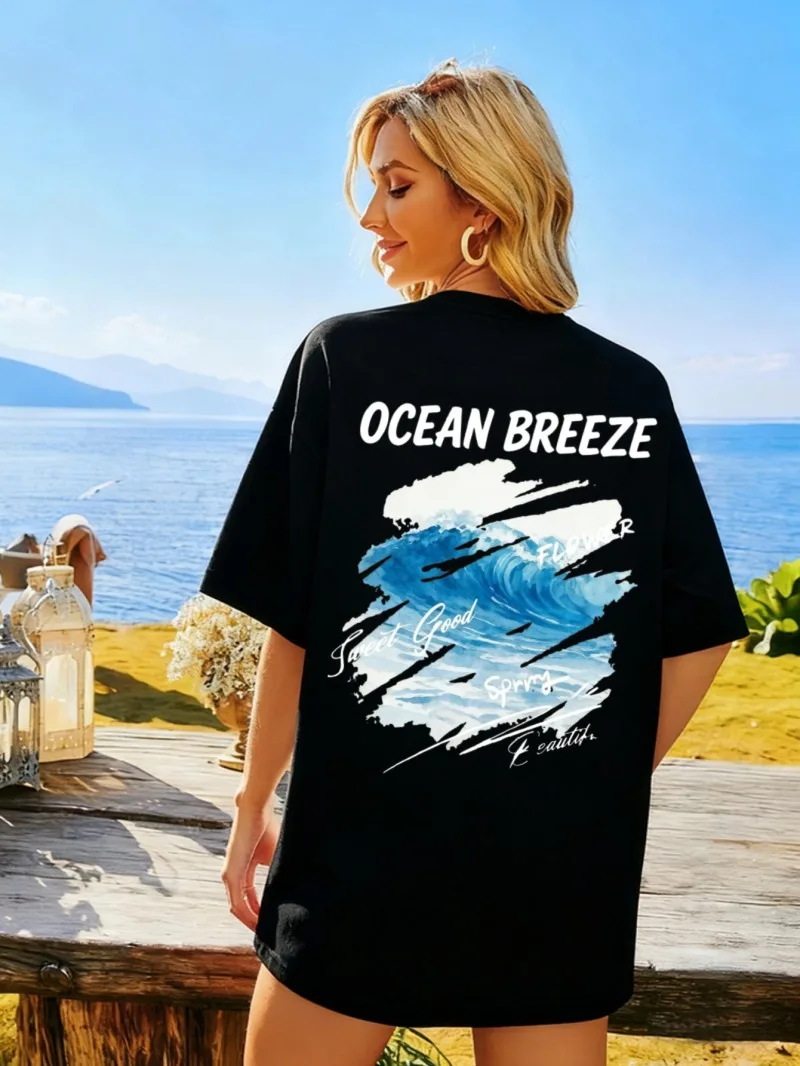 المرأة الجديدة فضفاضة قصيرة الأكمام قميص أسود مطبوعة المحيط موجة نمط النص تصميم الصيف عطلة رداء علوي غير رسمي #1