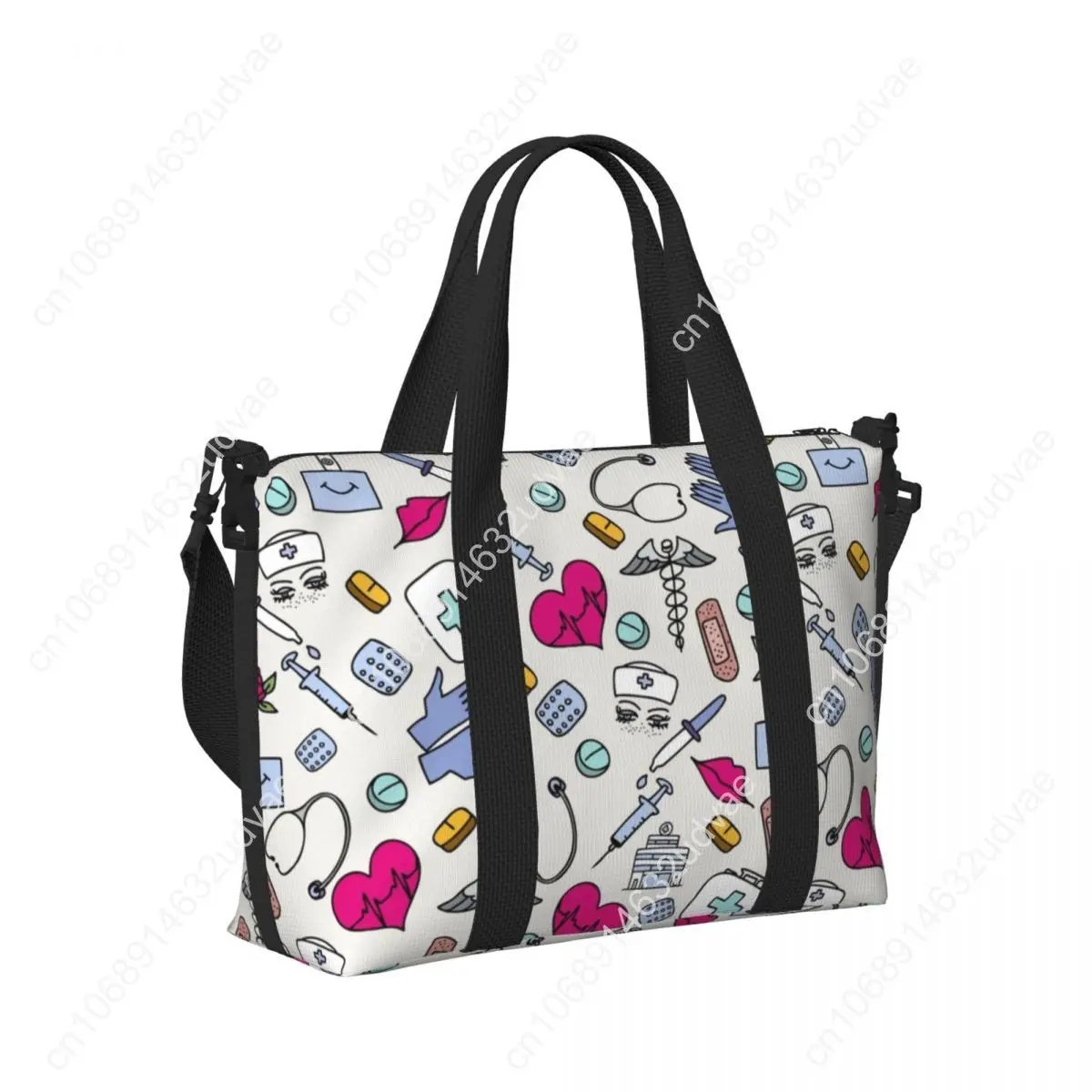 Custom Nursing Pattern Nurse Beach Tote Bag for Women Health Care Big Compartment Gym Beach Travel Bags