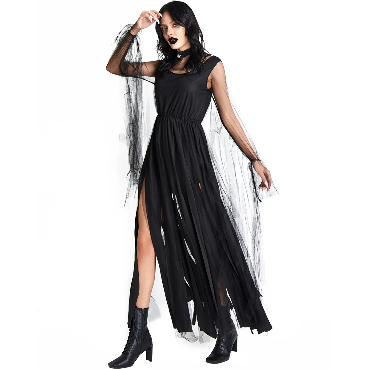 Fsia de loween para Adultos Vestido Longo de Noiva Zumbi Fsma Preto e Branco Vampiro Do Anjo Rainha Moda Fe...