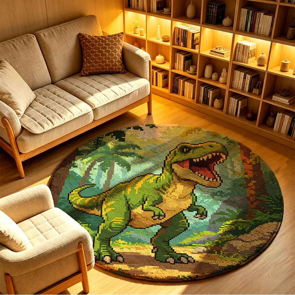 Round Floor Mat Non-Slip Washable Dinosaur Jurassic Pattern Rug for Living Room Bedroom Kitchen Home Decor