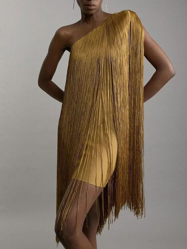 

Asymmetric Off Shoulder Slim Tassel Dress Summer Simple Solid Sleeveless Evening Dress Women's Fashion Slanted Neck A-line Dress