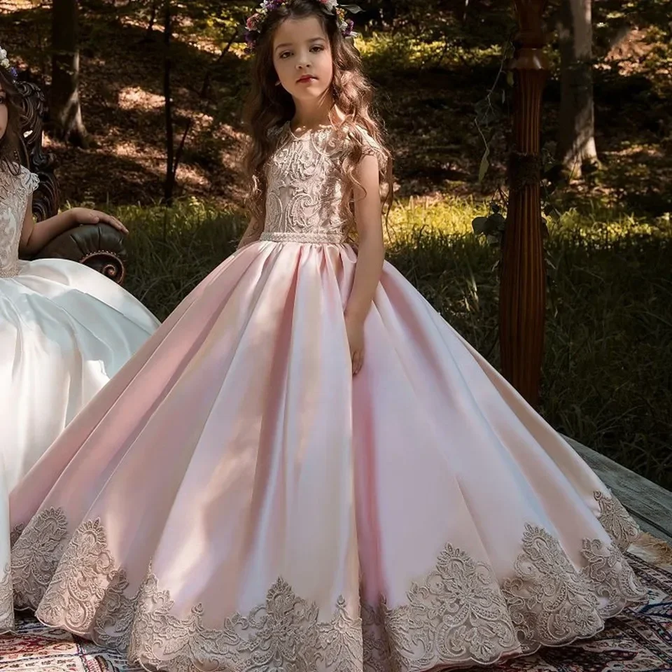 Vestidos elegantes de cetim para meninas, vestidos para casamento, sem mangas, apliques, vestido de princesa, casamentos, primeira comunhão, concurso, aniversário