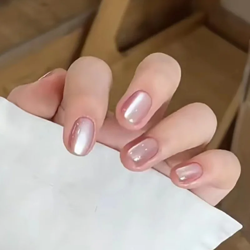 24 Stuks Roze Cat Eye Verwijderbare Korte Glanzende Pers Op Acyrlic Nagels Eenvoudige Afgeronde Stick-On Valse Nagels Gelijmde Vinger Nep Nagels Kit