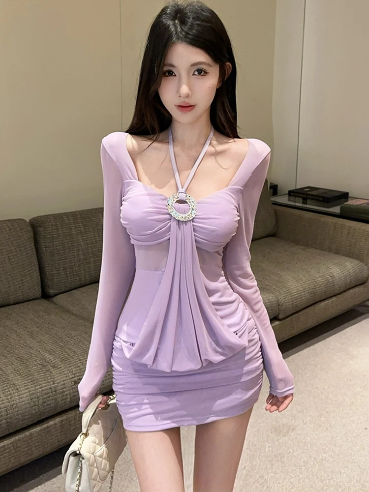 

Женское фиолетовое сетчатое шикарное сексуальное мини-платье с квадратным воротником и бриллиантами, новинка 2023 года, элегантное облегающее платье с запахом на бедрах, осеннее корейское повседневное платье