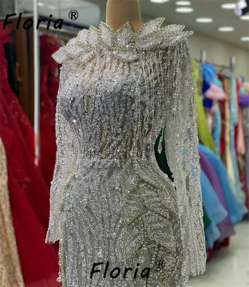 Vestido de fiesta de sirena con apliques de cristal plateado para mujer, vestido de noche de manga larga, elegante, Dubai, baile de graduación, árabe, Formal, 2024