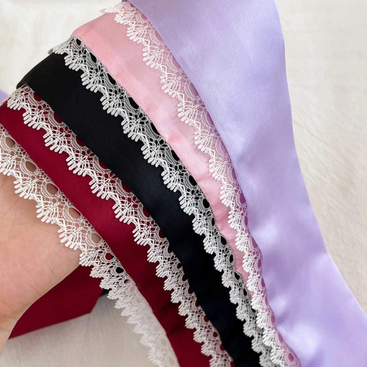 Women Satin Skinny Scarf Elegant White Lace Trim Ribbon Neck Tie Headband Multi-purpose Thin Long Scarf for Hair Bag Decoration