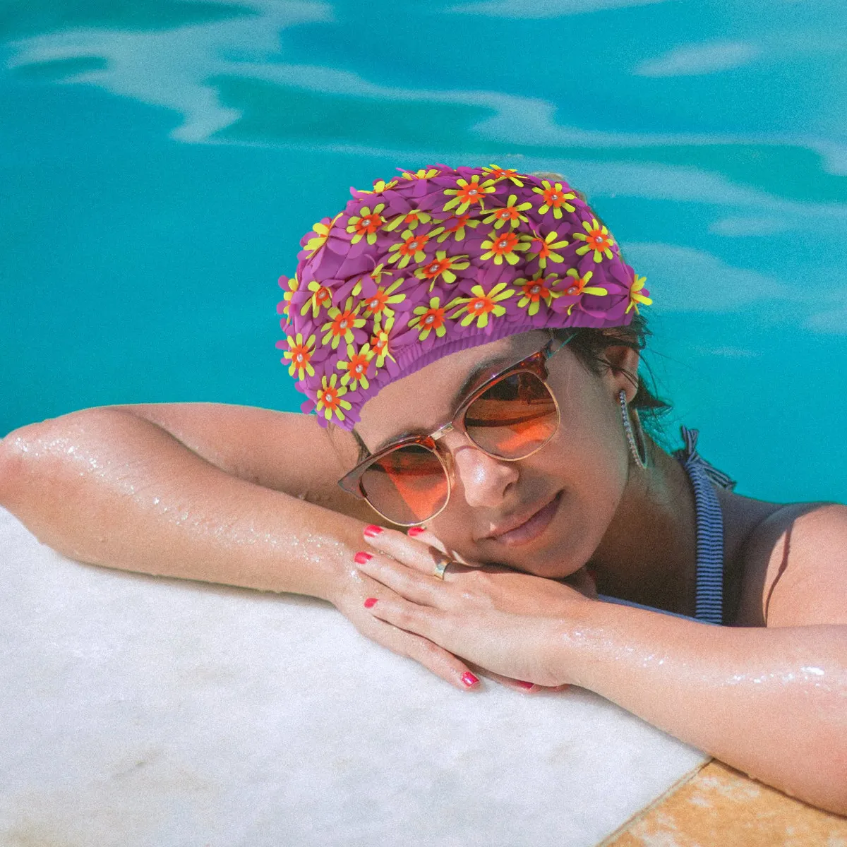 

Женская модная шапочка для плавания с цветочным узором и жемчугом, 3D-дизайн, яркие цвета, универсальный размер, для бассейна и пляжа