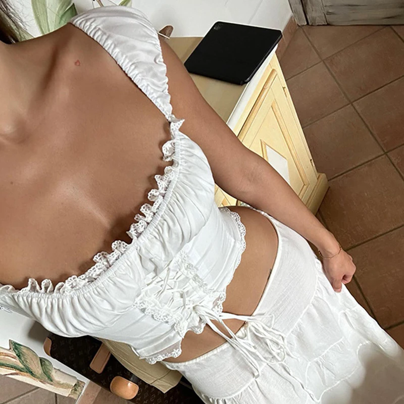 White Y2K Aesthetic Crop Top Elegant Vintage Sleeveless Slim Tank Tops 2024 New Summer 2000s Sweet Fairy Core Corset Women Top