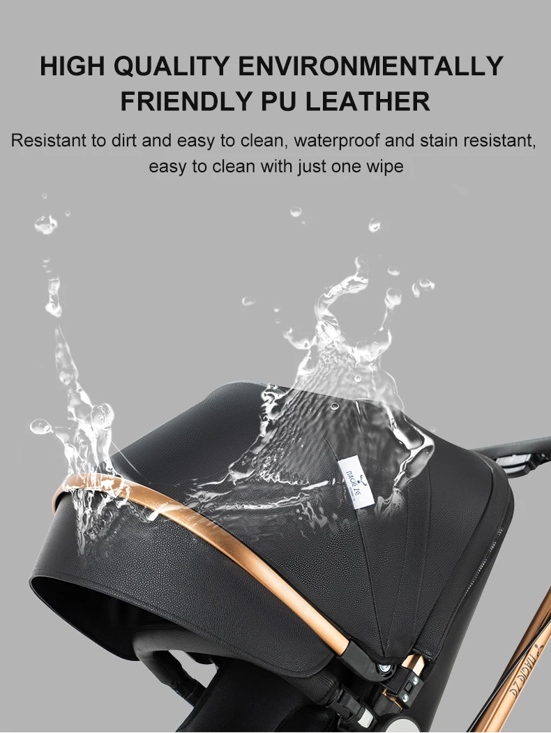 PU Leather Baby Stroller Luxury Lightweight Pushchair High Landscape 360-Degree Rotating Aluminum Frame Baby Carriage Car Seat image 4