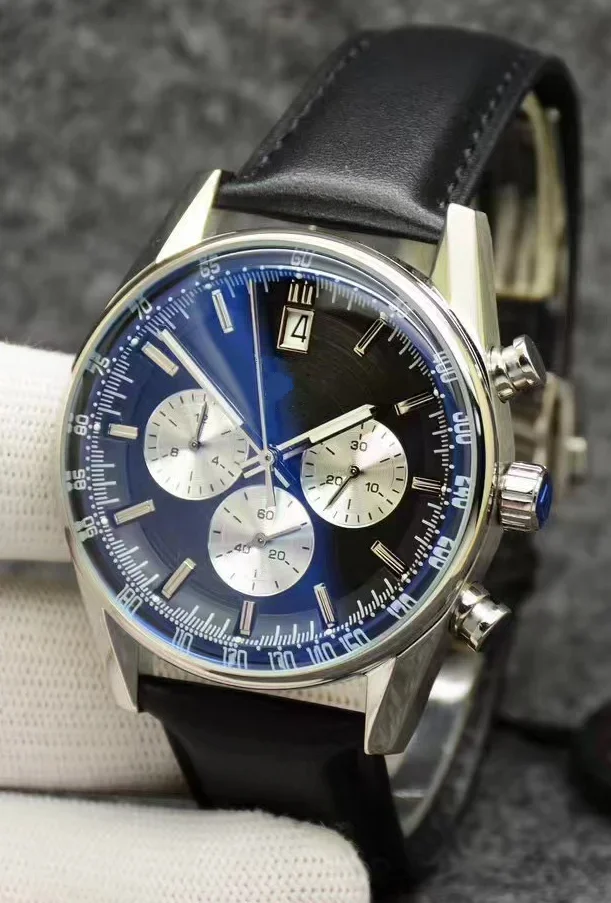 Luxury New Men Quartz Chronograph VK63 Watch 904L Stainless Steel Black Blue Leather Sapphire Wristwatch 42mm