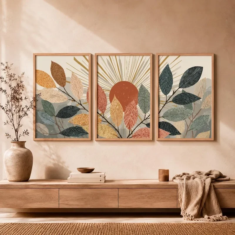 Large-sized frameless  3PCS Bohemian Minimalist Wall Art, Plant Wall Decoration, Canvas Printed Poster, Suitable for Roo