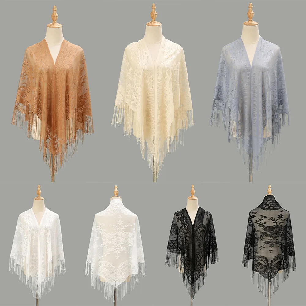 Fashion Solid Lace Triangle Scarf Floral Printed Sheer Shawl Hollow Female Thin Breathable Mesh Fringe Scarves Sunscreen Hijabs