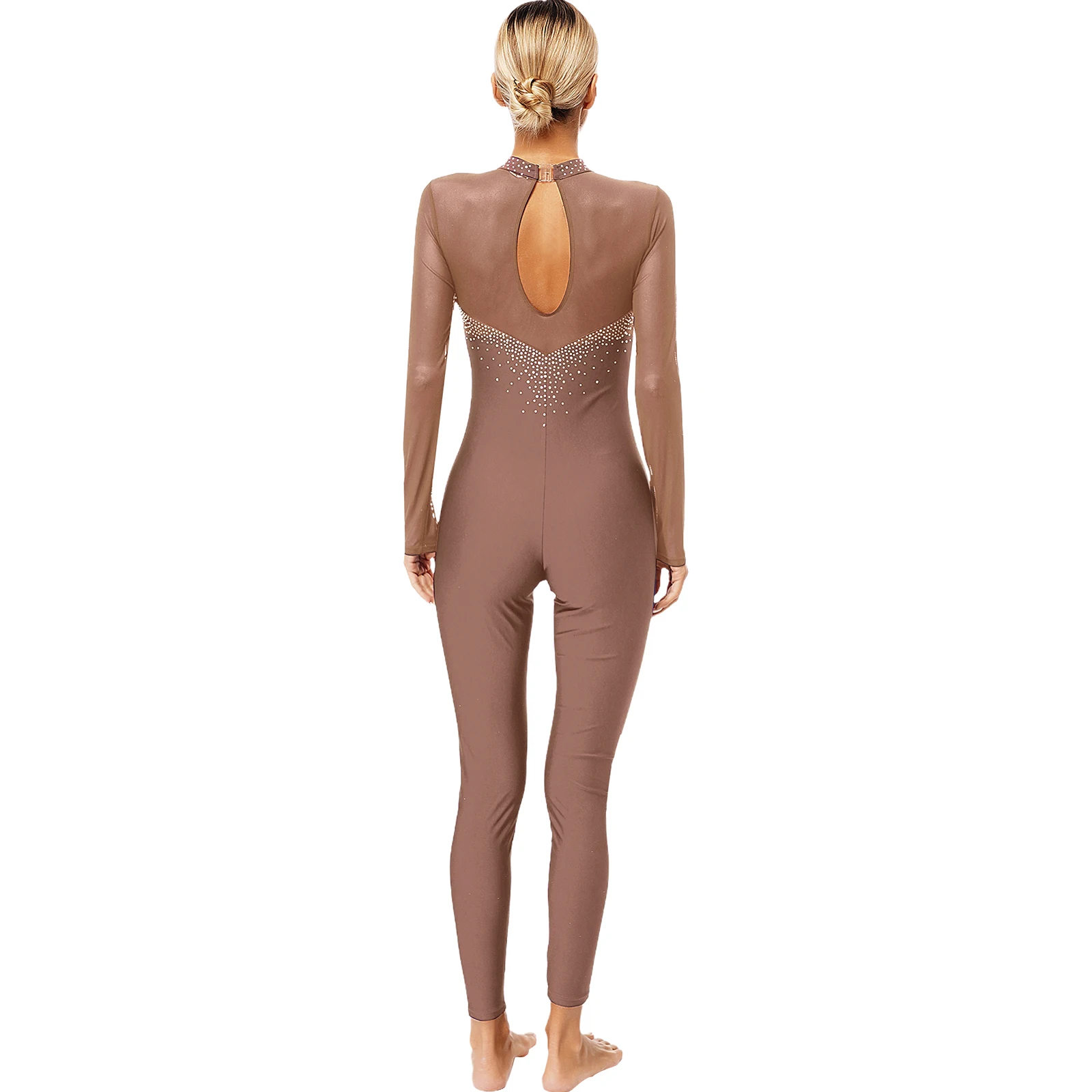 Women Figure Skating Leotard Ballet Dance Gymnastics Acrobatics Performance Costume Long Sleeve Rhinestone Sheer Mesh Jumpsuit