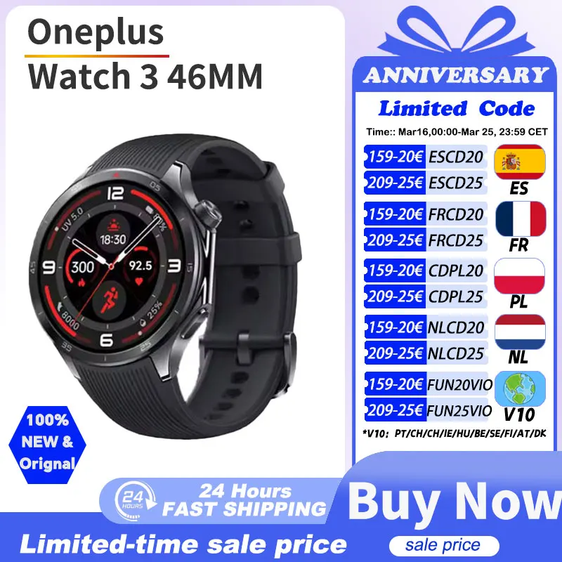 Version mondiale OnePlus Watch 3 montre intelligente 1.5 pouces AMOLED affichage 32GB mémoire Snapdragon W5 Wear OS par Google IP68
