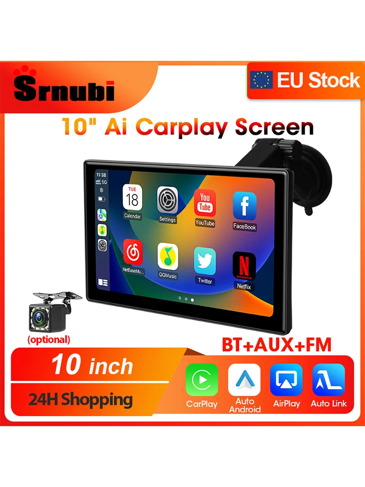 Srnubi 10 "pouces voiture sans fil Carplay et Android Auto Navigation rétroviseur FM AUX WIFI Portable multimédia écran tactile moniteur