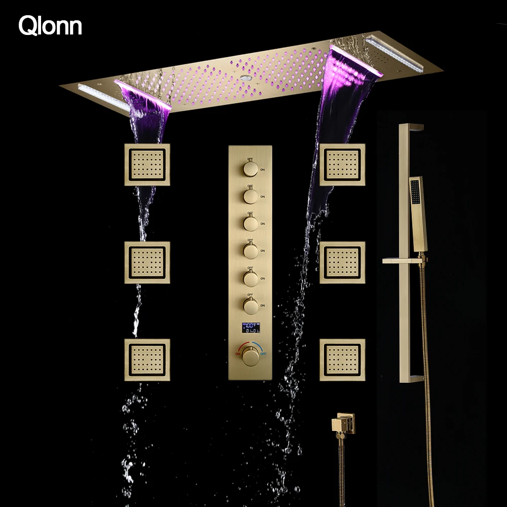 

Qlonn 35×12 Inch Hotel Style Couple SPA Shower System Faucet Set Concealed Hot cold Faucets LED Music Shower Head Massage Jets