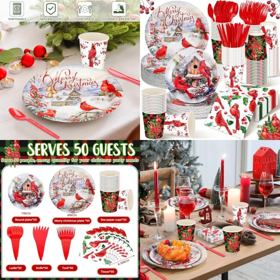 

350 Pieces Christmas Disposable Dinnerware Set for Holiday Dinner Parties Serves Up to 50 Guests Red Cardinal Themed Paper Plat