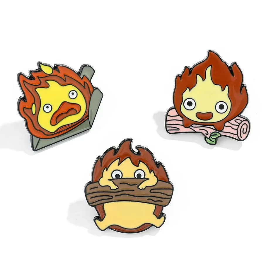 Broche de colección de Calcifer de Anime japonés, lindo fuego mágico, elfo, leña, esmalte, Pin de solapa, insignia, mochila, sombrero, regalos de joyería