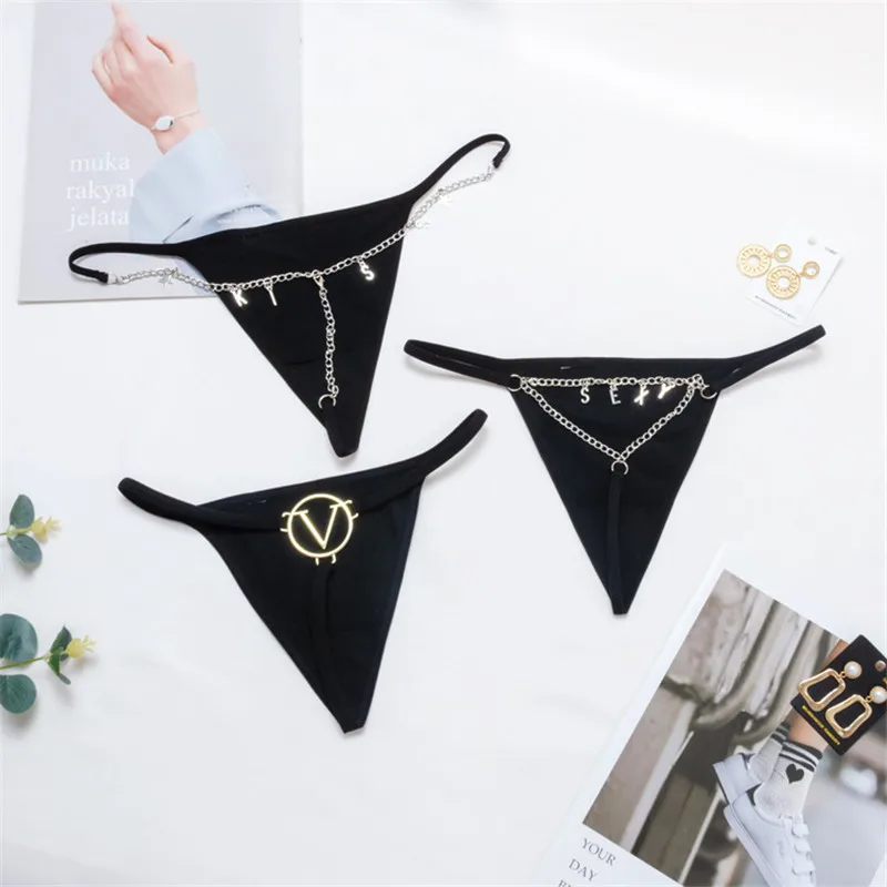 Women\'s Thong Chain T Pants Crystal Letters Chain Underwear Bikini Thong Sexy Party Gift Personality Female Lingerie