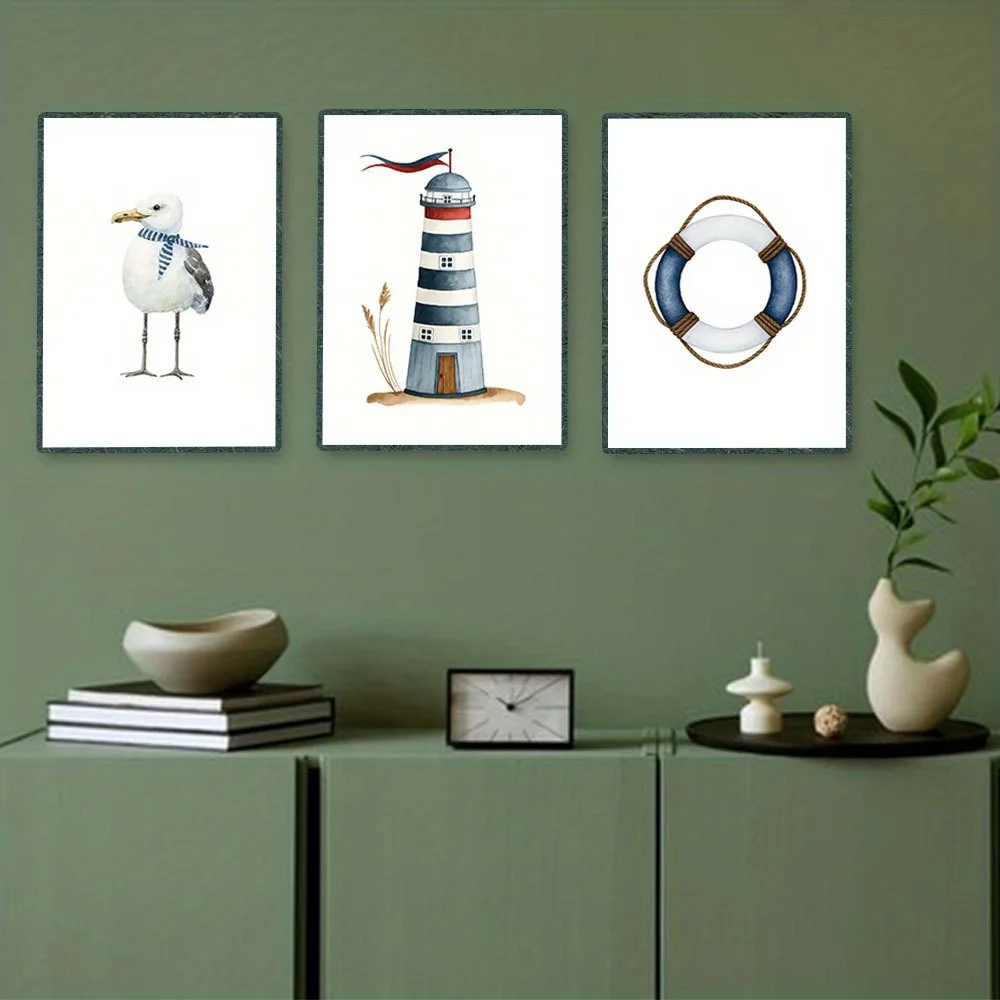 2D Flat, 2D Flat 3pcs Nautical Watercolor Art Prints - Seagull with Scarf, Coastal Lighthouse Illustration, Life Preserver De
