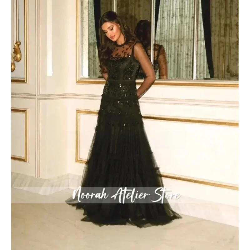 

LAYXHS Fashion Black O-Neck Evening Dresses A-Line Long Sleeve Applique Sequins Prom Dresses Customized Evening Gowns