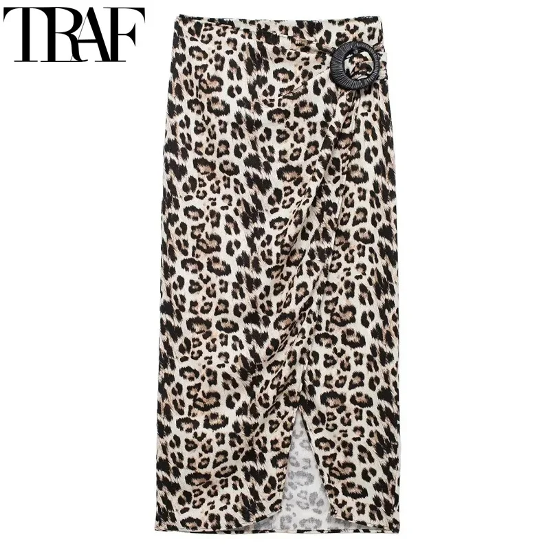 

TRAF Leopard Long Skirts For Women Vintage Animal Print Midi Skirt Buckle Ruched Summer Pencil Skirt Asymmetric Slit Beach Skirt