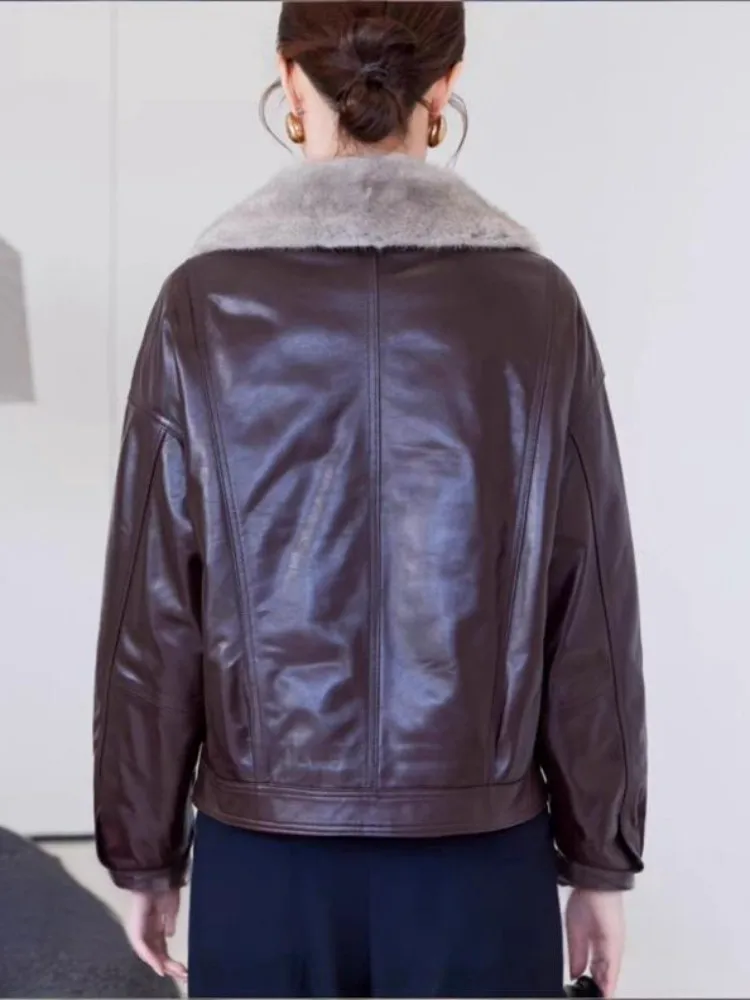 Mode Winter Vrouwen Echt Leer Down Jas Warme Nertsen Bontkraag Rits Loose Fit Straat Schapenvacht Motorfiets Korte Jas