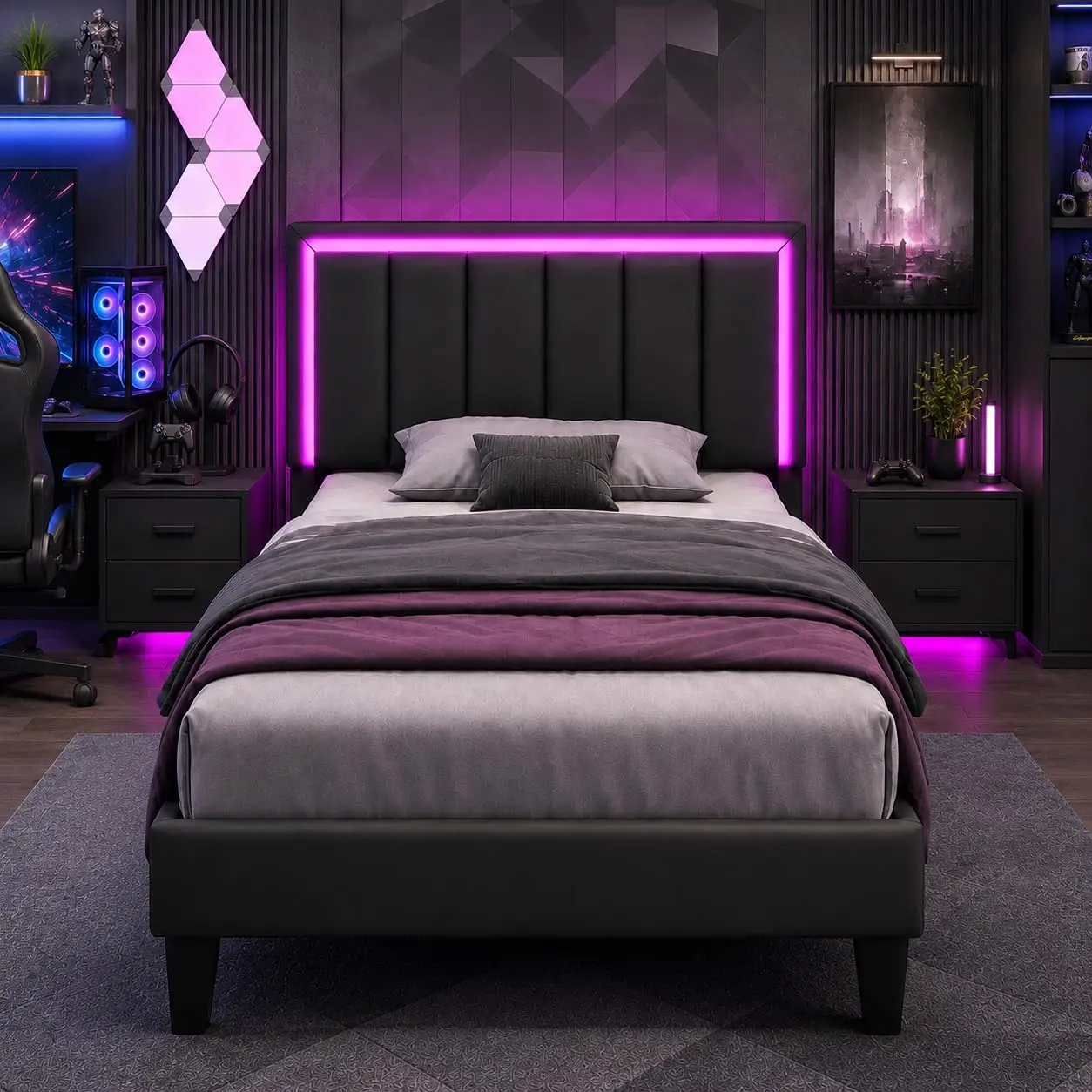 Twin Bed Frames, Upholstered Bed Frame Twin Size with Headboard, RBG LED Lights, Heavy Duty Wood Slats Support, Noise-Free, No Box Spring Needed, Easy Assembly, Black