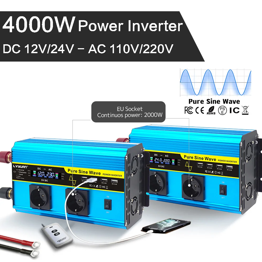 DC 12V/24V TO AC 110V 220V Power Inverter 4000W Pure Sine Wave Inverter 50Hz/60Hz LCD Display 4USB Car Converter Multiple Socket