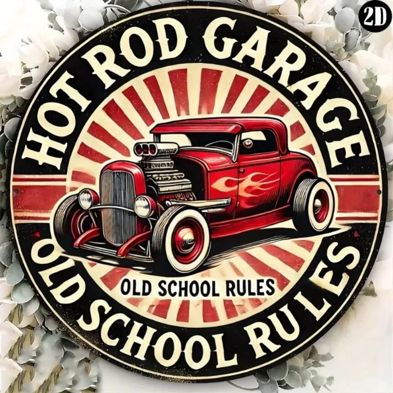 2D-Flachschild im Vintage-Stil – Hot Rod Garage Metallschild – Rund, Premium, Mechaniker im Dienst Deko, Festival-Statuen-Dekorationen