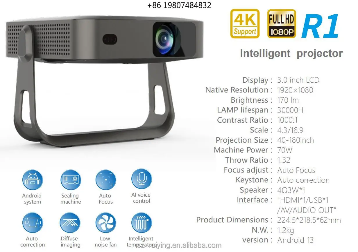 1080P Smart Mini Projector Hot Style Portable Android Ceiling Mounted Video Projector Auto Focus Small Sealed Design