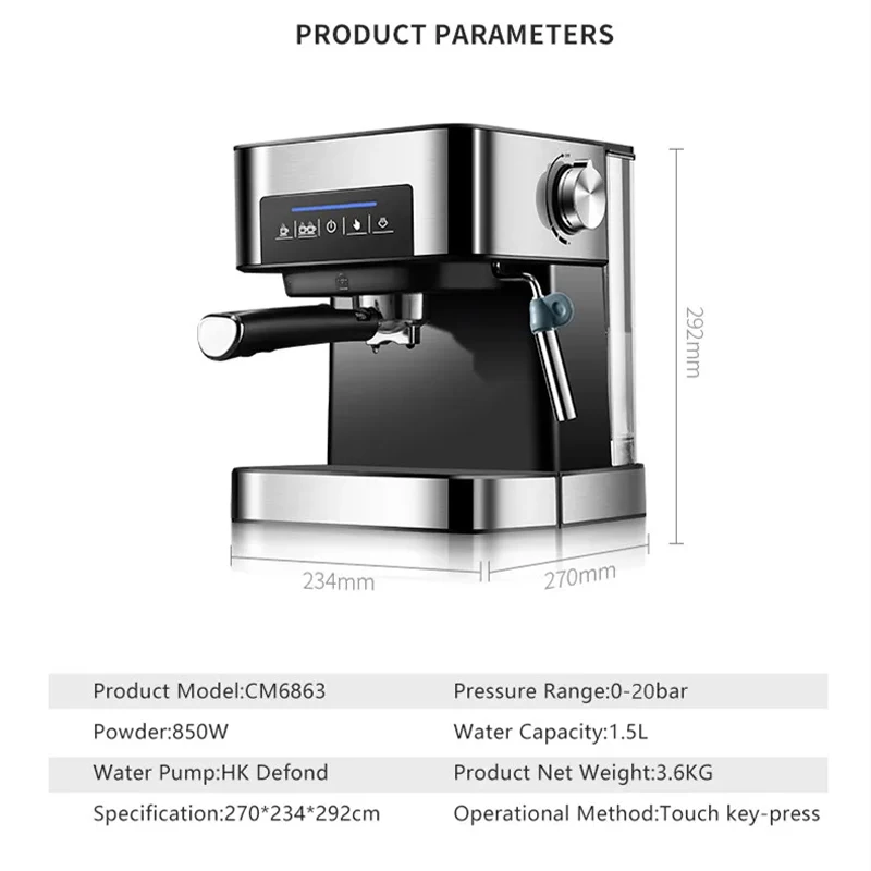 

Household Office Italian Stainless Steel High-Pressure Semi-Automatic Coffee Machine Espresso Cappuccino Latte Coffee Machine