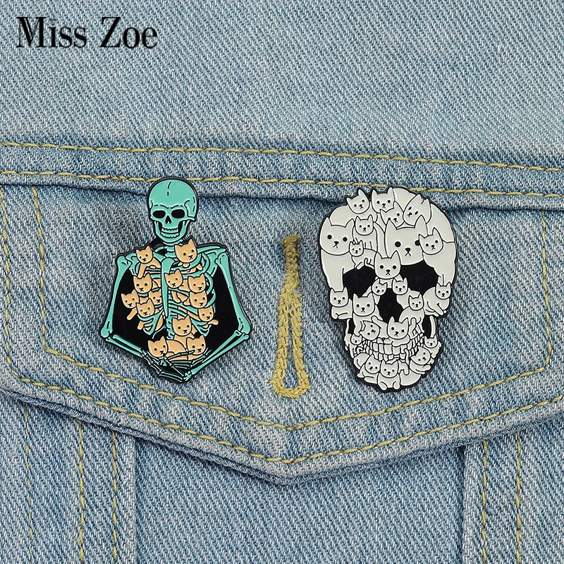 Punk Skull Cat Enamel Pins Custom Cute But Creepy Brooches Lapel Badges Clothes Animal Jewelry Gift for Kids Friends