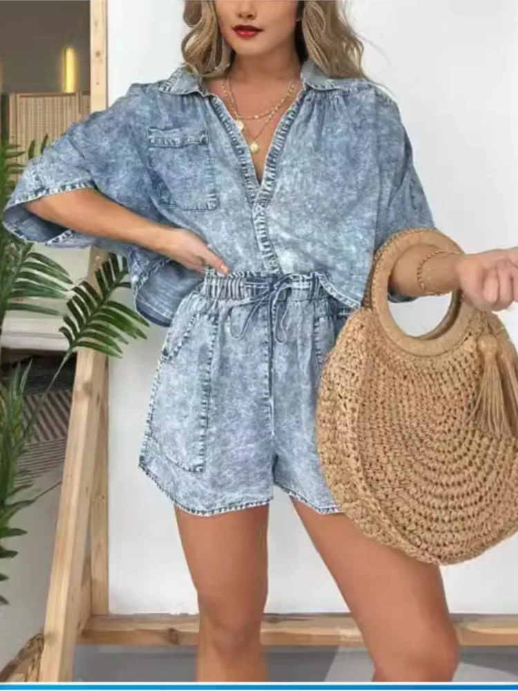 Moda Vintage Denim Niebieskie Szorty Garnitur Dla Kobiet Lato Nowa Prosta Moda Kieszonka Sznurek Casual Luźne Topy 2 Częściowy Zestaw Kobieta