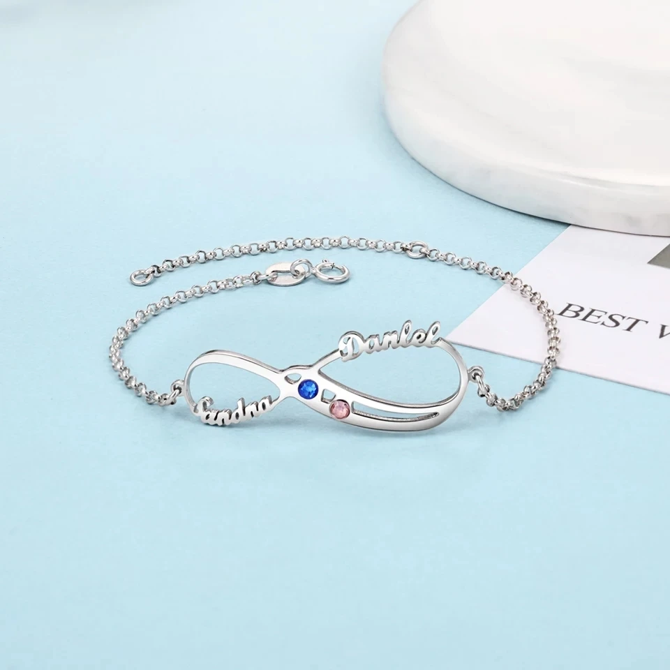 Personalized 925 Sterling Silver Infinity Bracelet with Birthstone Custom Engraved Name Diy Women Fashion Jewelry