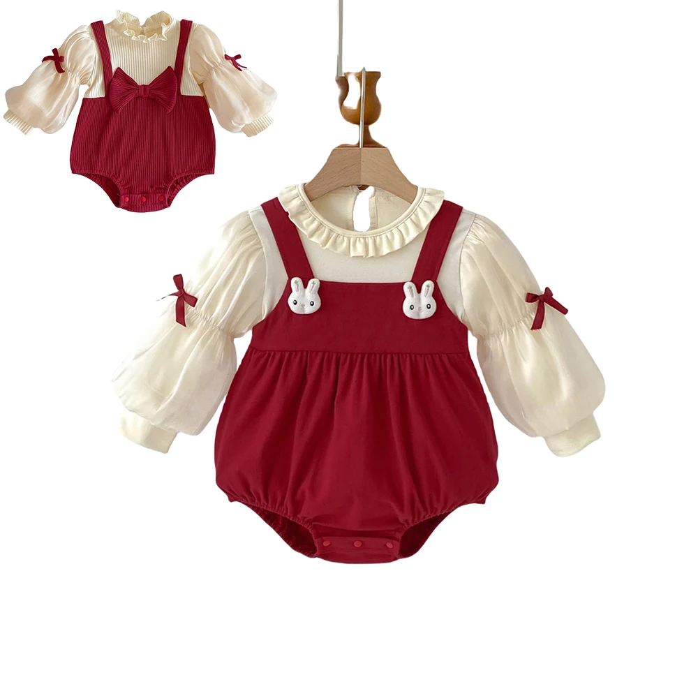 

2025 Christmas Wine Red Baby Romper Clothing 3D Bunny Cartoon Puff Sleeve Loose Fit Vintage Chx Holiday Gift Bodysuit 0-24M